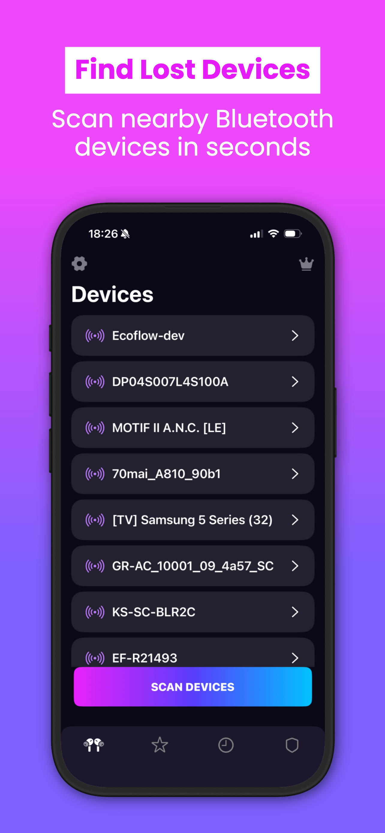 SmartFinder: Find Lost Devices screen showing Bluetooth device list with Scan Devices button