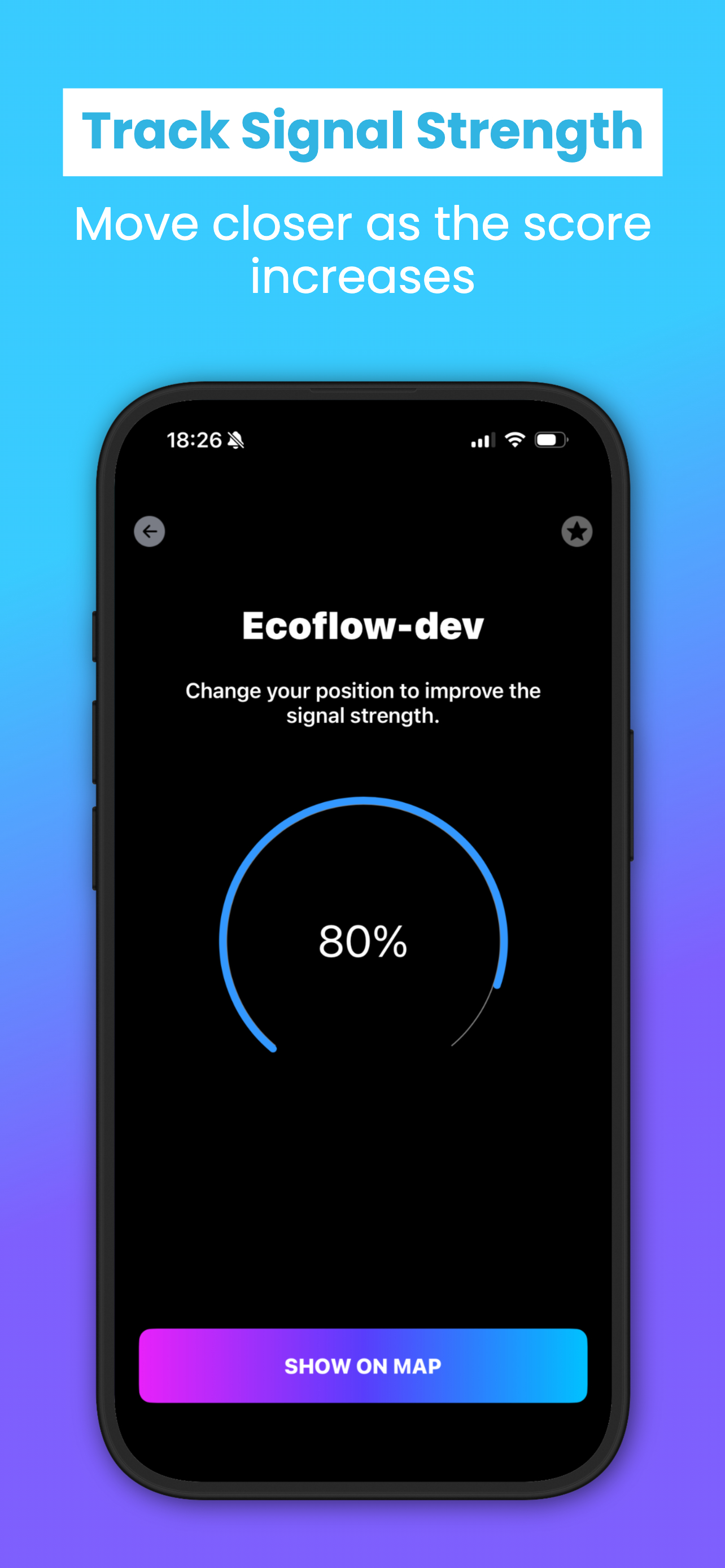 SmartFinder: Track Signal Strength screen showing 80% signal meter for Ecoflow-dev device