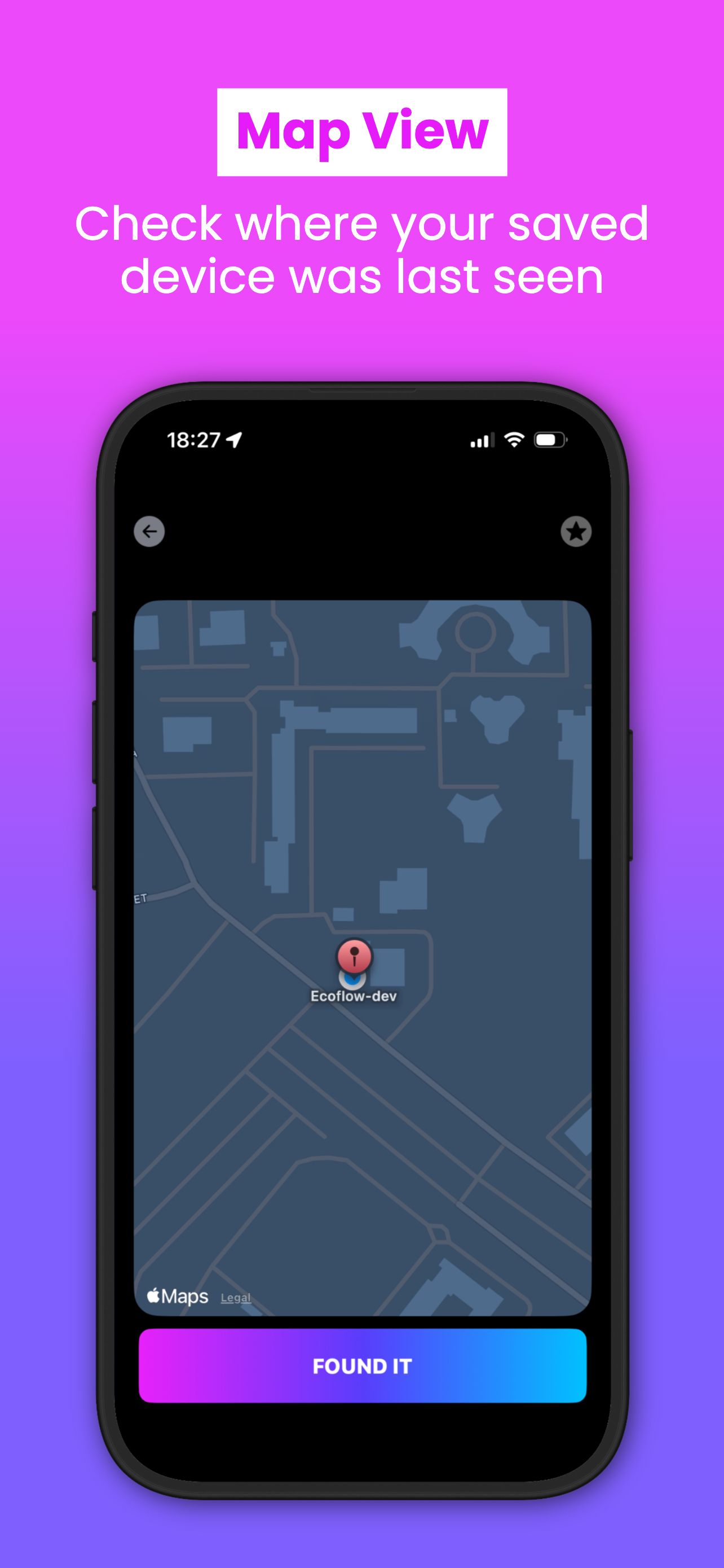 SmartFinder: Map View screen showing last known device location on Apple Maps