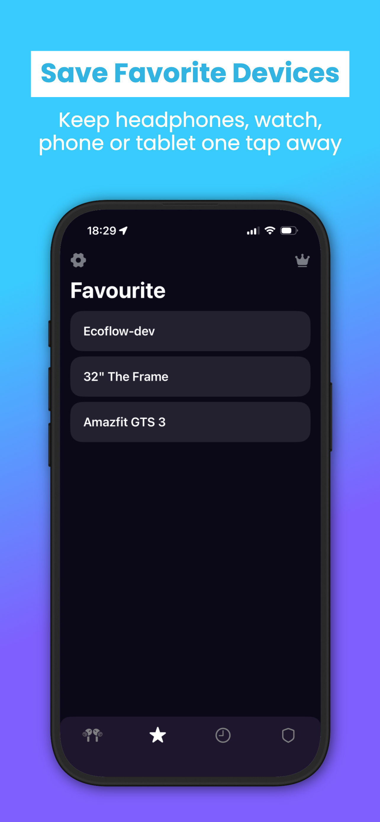 SmartFinder: Save Favourite Devices screen with saved devices list